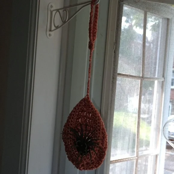 Air Plant Hanger Basket, Orange, Crocheted, Boho Style, Pre-owned - Picture 5 of 7